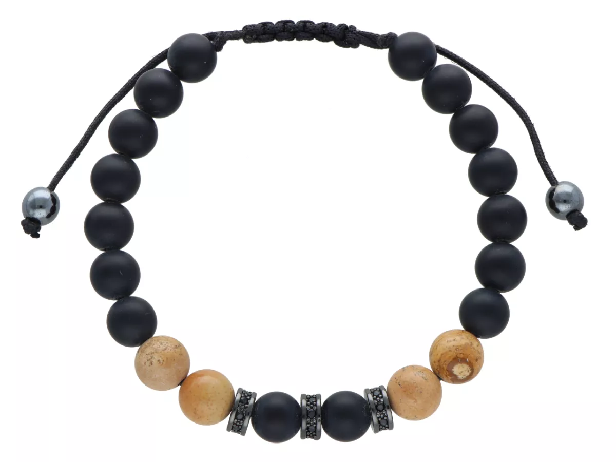 R4M01 BRANSOLETKA SHAMBALLA ONYKS MATOWY I JASPIS OBRAZKOWY