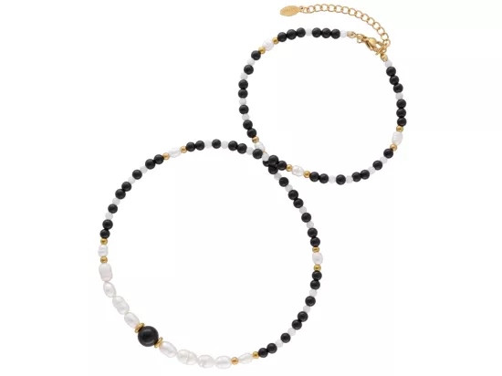 N3P50 NASZYJNIK AGAT CZARNY PERŁA NATURALNA I STAL CHIRURGICZNA