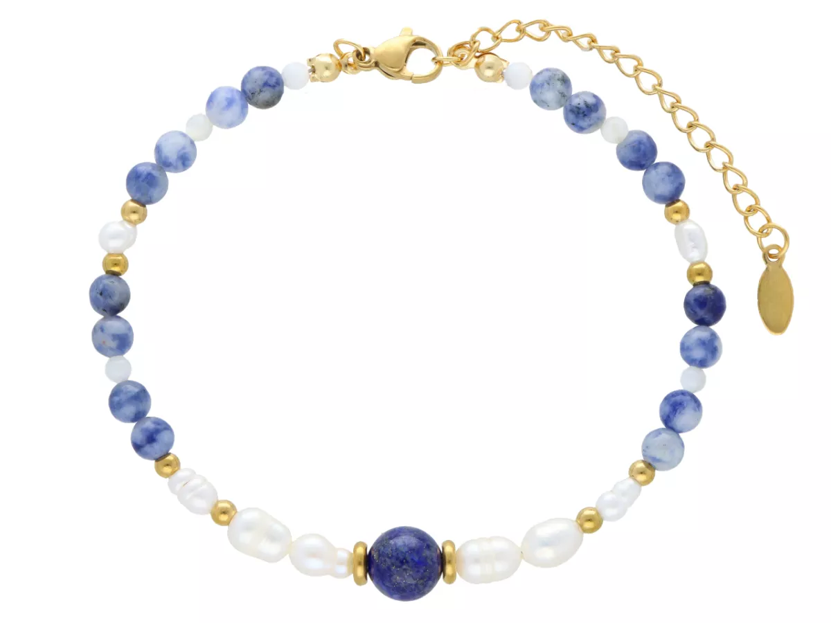 R5E56 BRANSOLETKA SODALIT PERŁA NATURALNA I STAL CHIRURGICZNA