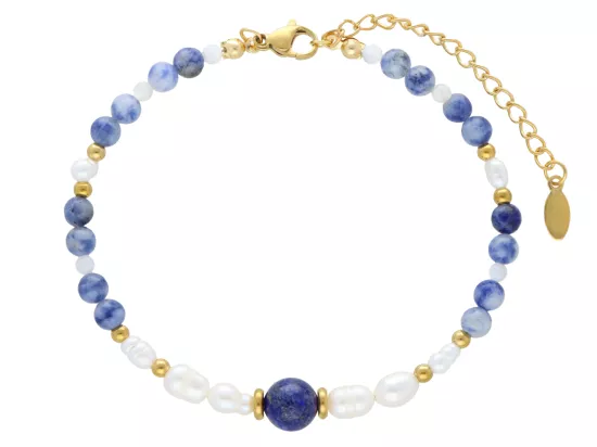 R5E56 BRANSOLETKA SODALIT PERŁA NATURALNA I STAL CHIRURGICZNA