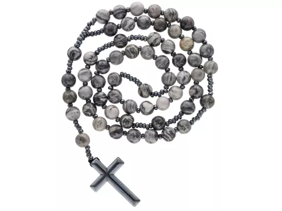 N3K88 NASZYJNIK JASPIS PICASSO SZARY KULE 8,5 mm - RÓŻANIEC