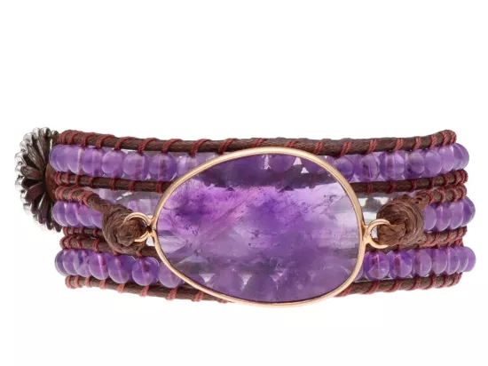 R4W86 BRANSOLETKA 2w1 AMETYST STAL CHIRURGICZNA I SZNUREK