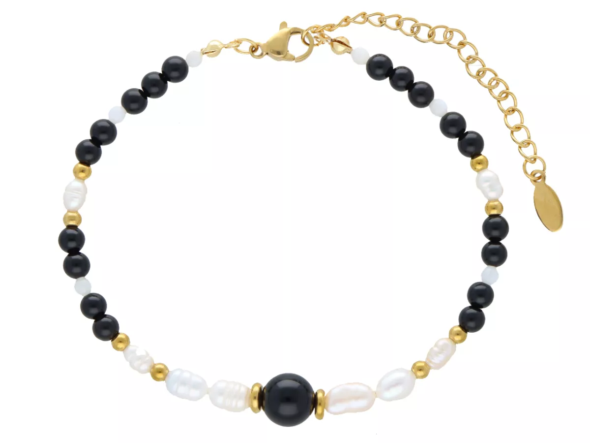 R5E54 BRANSOLETKA AGAT CZARNY PERŁA NATURALNA I STAL CHIRURGICZNA