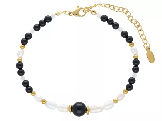 R5E54 BRANSOLETKA AGAT CZARNY PERŁA NATURALNA I STAL CHIRURGICZNA