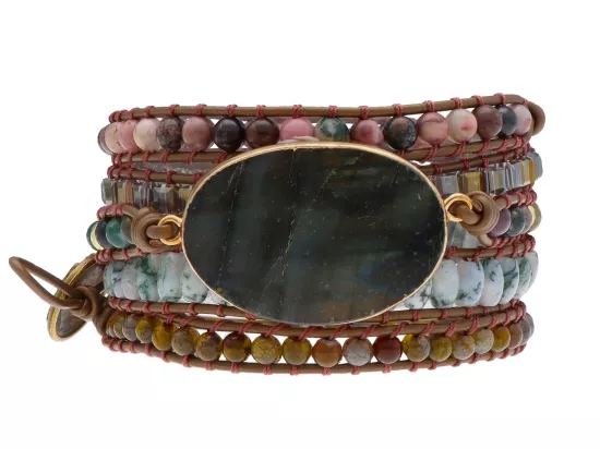 R4W63 BRANSOLETKA 3w1 MIX KAMIENI KRYSZTAŁKI STAL I RZEMIEŃ