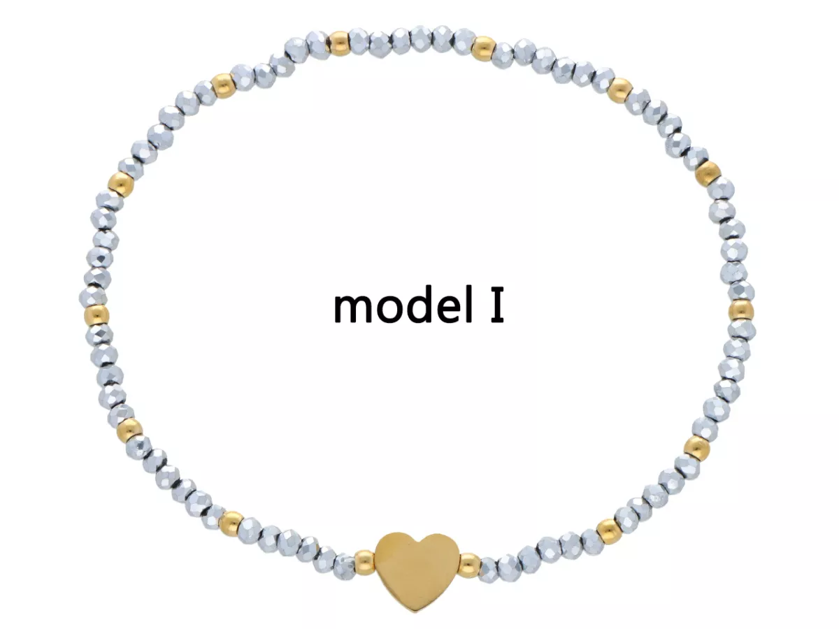 R4S73 BRANSOLETKA KRYSZTAŁKI HEMATYT I STAL CHIRURGICZNA NA GUMCE