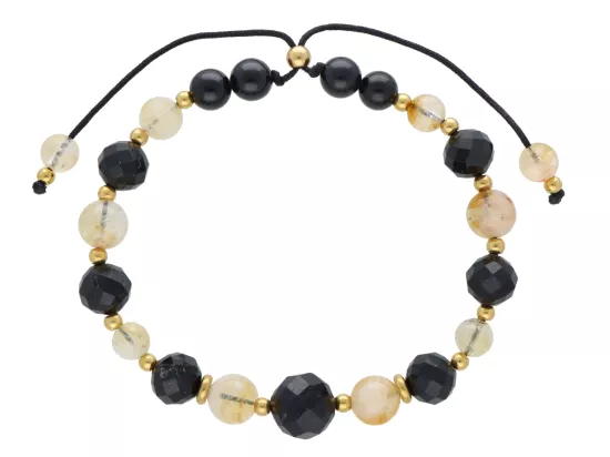 R5D79 BRANSOLETKA TURMALIN CZARNY CYTRYN I STAL CHIRURGICZNA