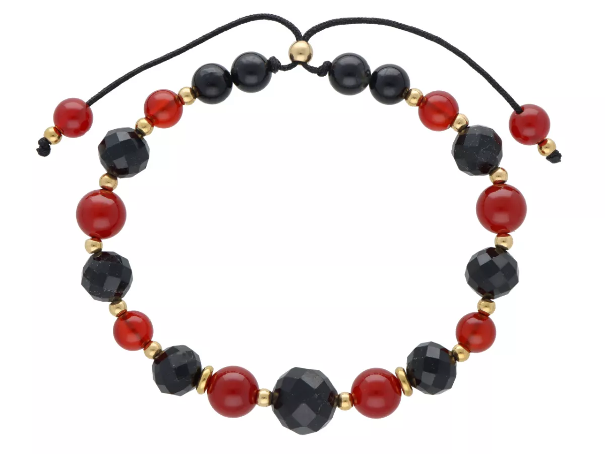 R5D81 BRANSOLETKA TURMALIN CZARNY AGAT CZERWONY STAL CHIRURGICZNA