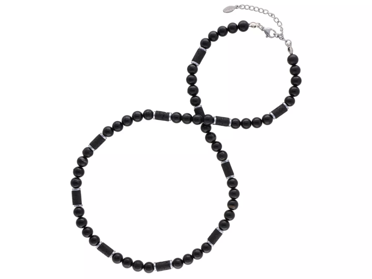 N3P42 NASZYJNIK TURMALIN CZARNY LAWA I HEMATYT