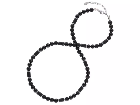 N3P42 NASZYJNIK TURMALIN CZARNY LAWA I HEMATYT