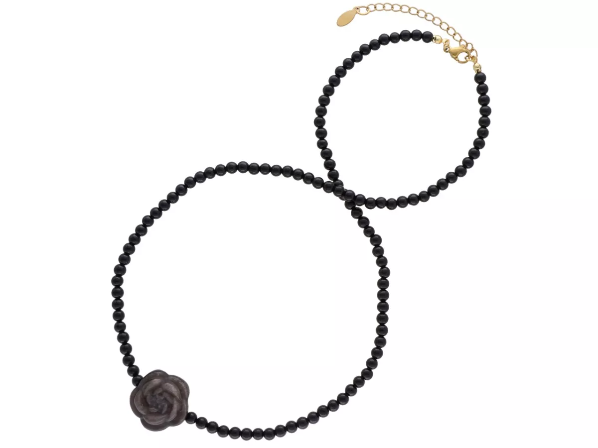 N3P59 NASZYJNIK AGAT CZARNY I OBSYDIAN SREBRNY