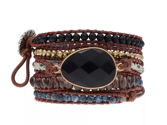 R4W74 BRANSOLETKA 3w1 MIX KAMIENI STAL CHIRURGICZNA I RZEMIEŃ