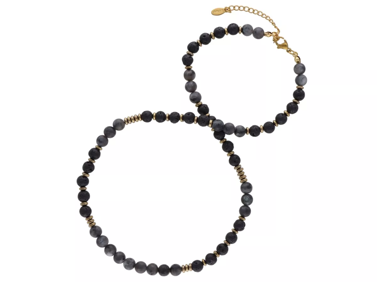 N3P45 NASZYJNIK LABRADORYT CZARNY LAWA I HEMATYT