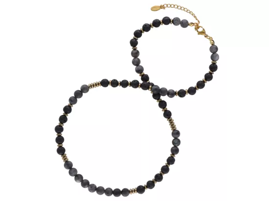 N3P45 NASZYJNIK LABRADORYT CZARNY LAWA I HEMATYT