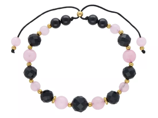 R5D80 BRANSOLETKA TURMALIN CZARNY KWARC RÓŻOWY STAL CHIRURGICZNA