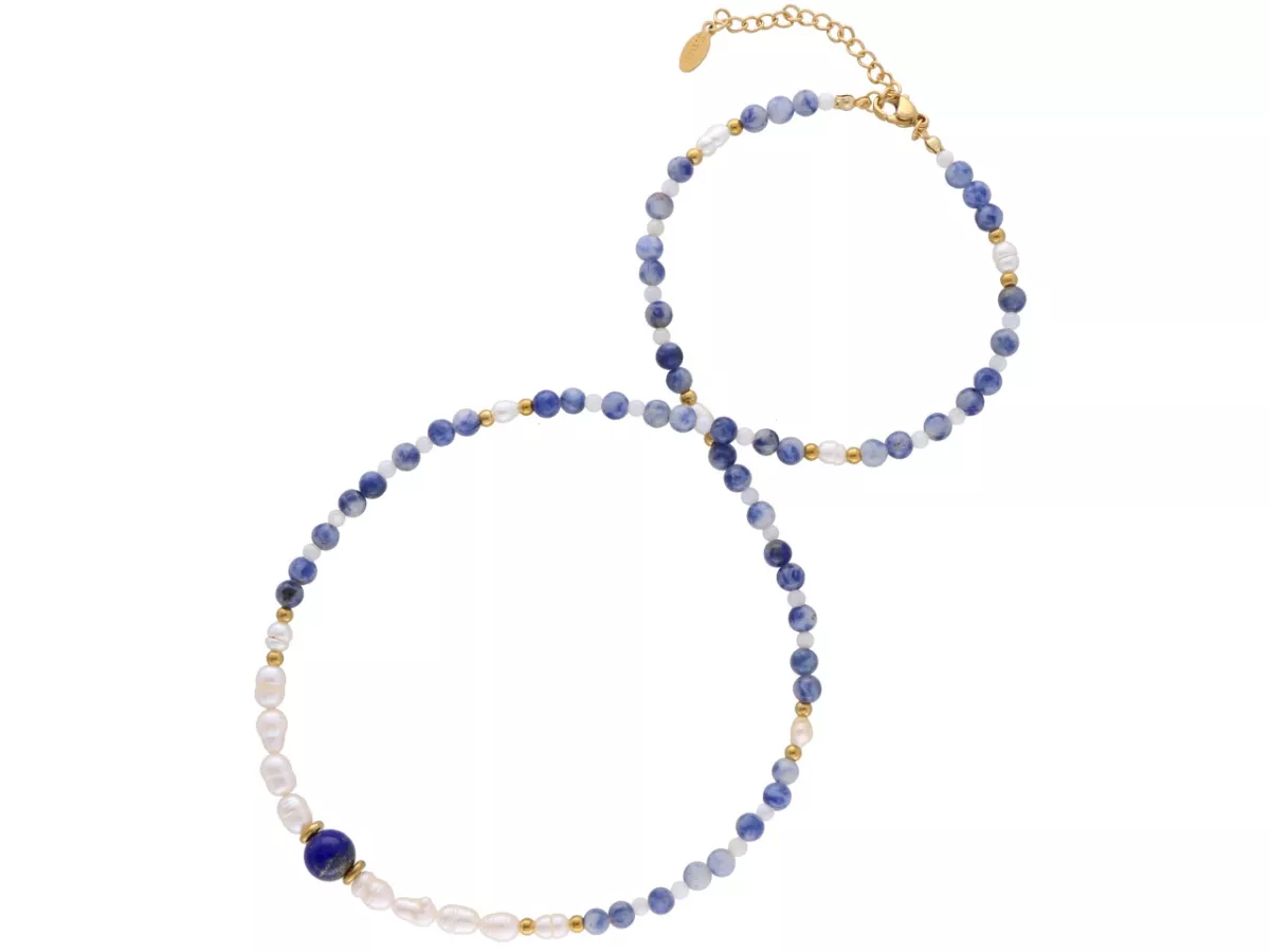 N3P52 NASZYJNIK SODALIT PERŁA NATURALNA I STAL CHIRURGICZNA